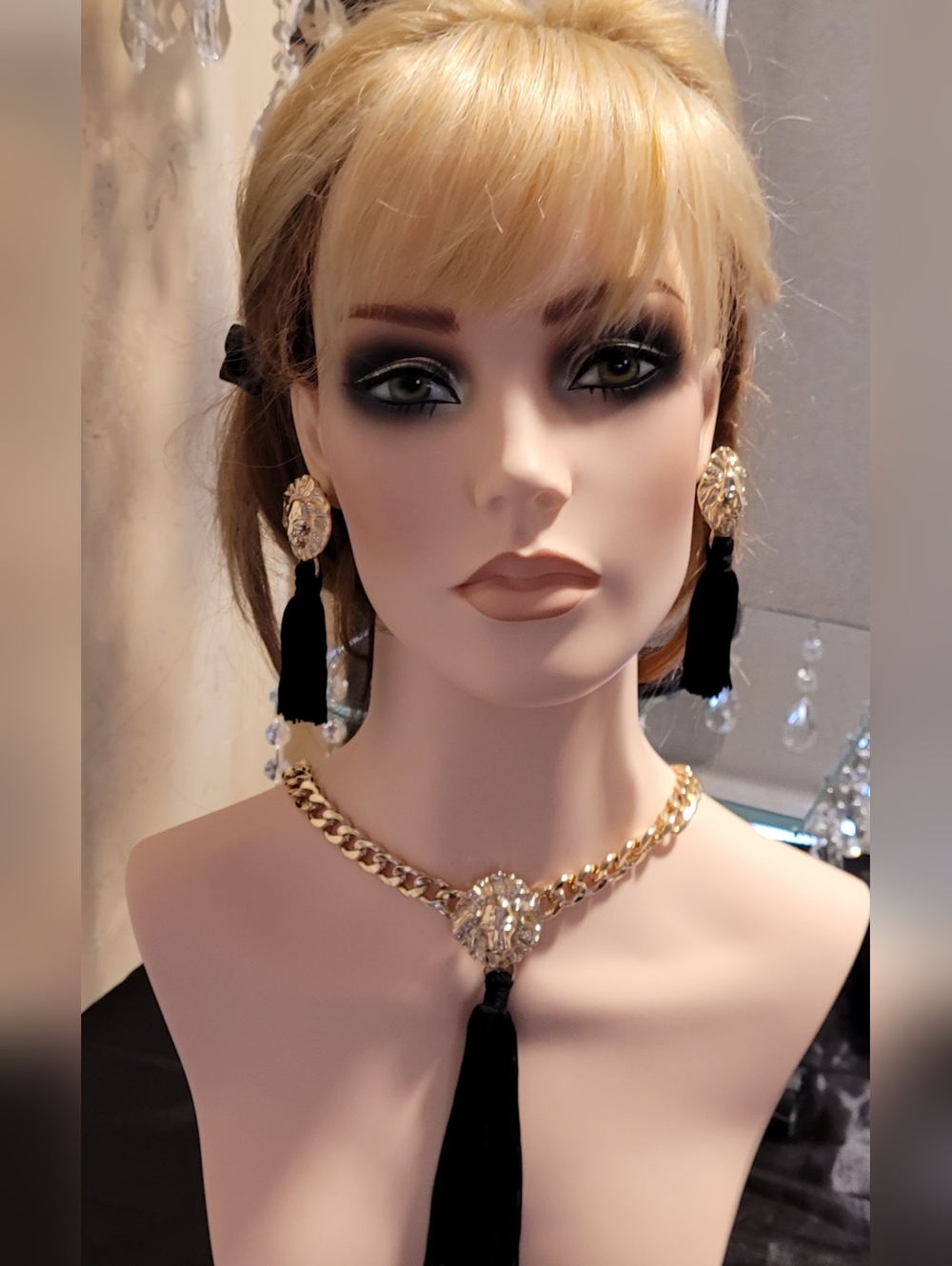 Lion Face Medallion, Crystal Necklace with Black Tassel and Matching Earrings